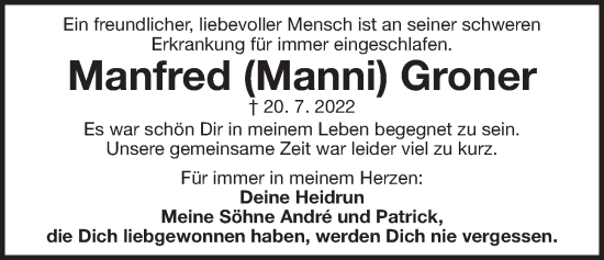 Traueranzeige von Manfred Groner von Der Bote