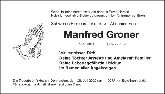 Traueranzeige von Manfred Groner von Der Bote