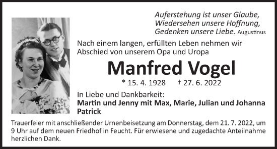 Traueranzeige von Manfred Vogel von Der Bote