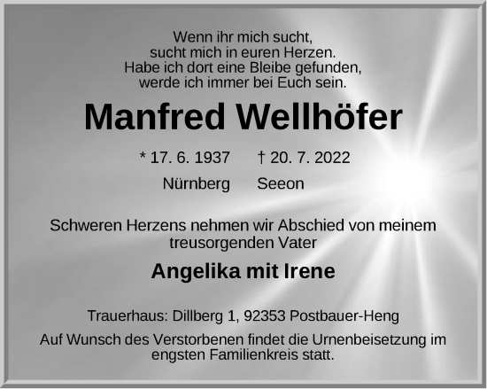 Traueranzeige von Manfred Wellhöfer von Der Bote