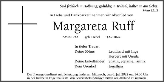 Traueranzeige von Margareta Ruff von Hersbrucker Zeitung Lokal