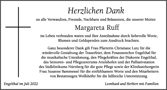 Traueranzeige von Margareta Ruff von Hersbrucker Zeitung Lokal