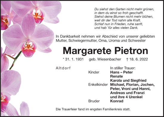Traueranzeige von Margarete Pietron von Der Bote