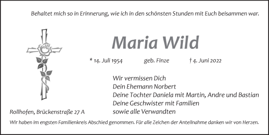 Traueranzeige von Maria Wild von Pegnitz-Zeitung