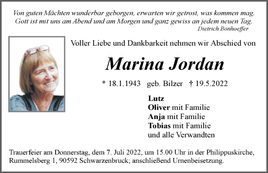 Traueranzeige von Marina Jordan von Der Bote