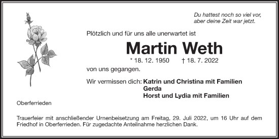 Traueranzeige von Martin Weth von Der Bote