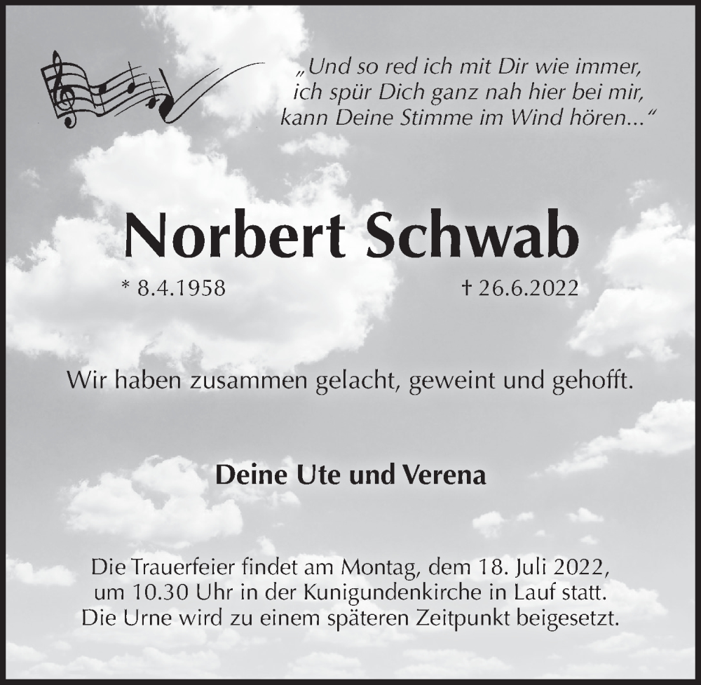  Traueranzeige für Norbert Schwab vom 09.07.2022 aus Pegnitz-Zeitung