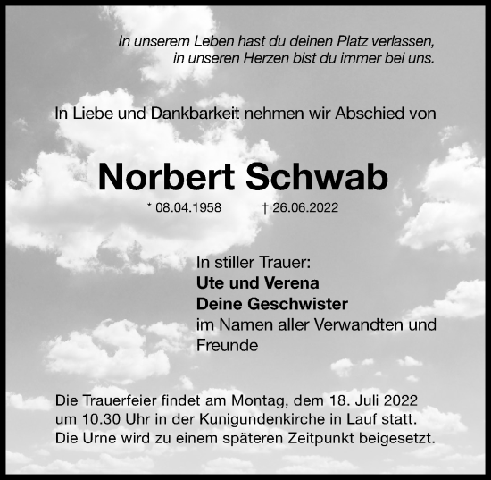 Traueranzeige von Norbert Schwab von Hersbrucker Zeitung Lokal
