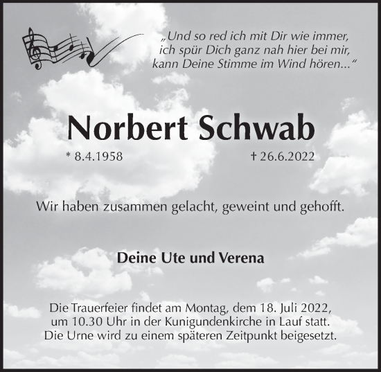 Traueranzeige von Norbert Schwab von Pegnitz-Zeitung