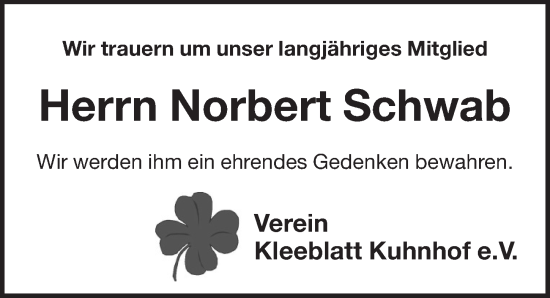 Traueranzeige von Norbert Schwab von Pegnitz-Zeitung