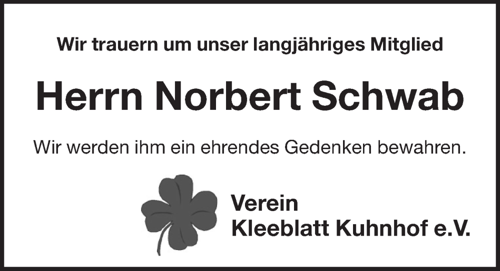  Traueranzeige für Norbert Schwab vom 01.05.2022 aus Pegnitz-Zeitung
