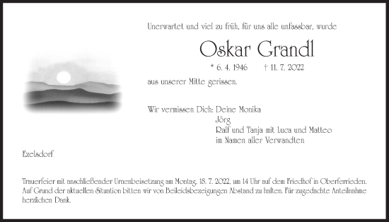 Traueranzeige von Oskar Grandl von Der Bote