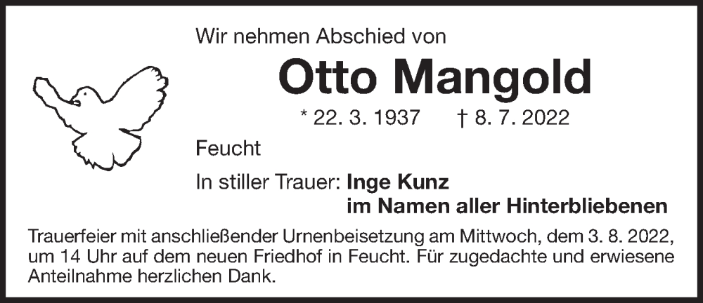  Traueranzeige für Otto Mangold vom 30.07.2022 aus Der Bote