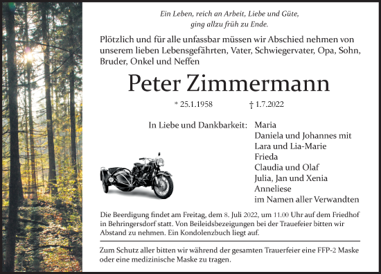 Traueranzeige von Peter Zimmermann von Pegnitz-Zeitung