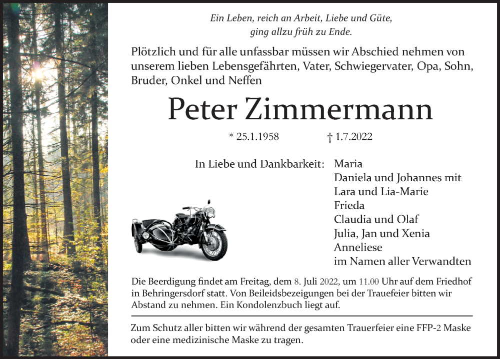  Traueranzeige für Peter Zimmermann vom 06.07.2022 aus Pegnitz-Zeitung