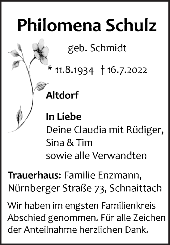 Traueranzeige von Philomena Schulz von Der Bote