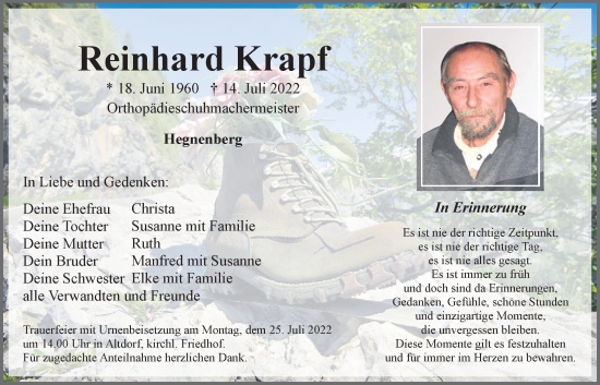 Traueranzeige von Reinhard Krapf von Der Bote