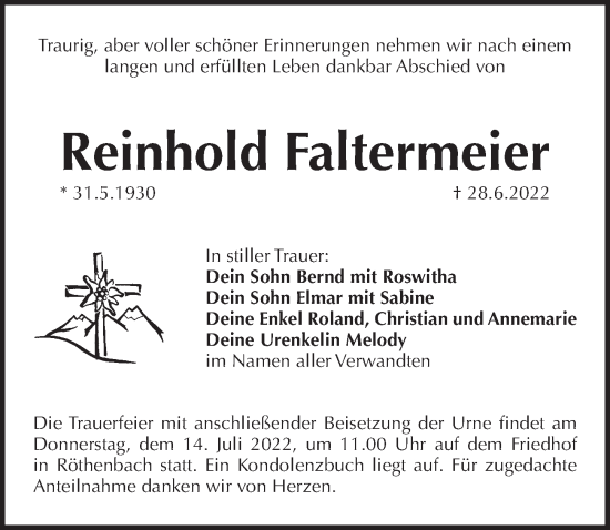 Traueranzeige von Reinhold Faltermeier von Pegnitz-Zeitung