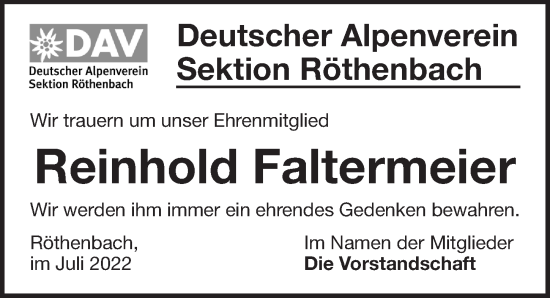 Traueranzeige von Reinhold Faltermeier von Pegnitz-Zeitung