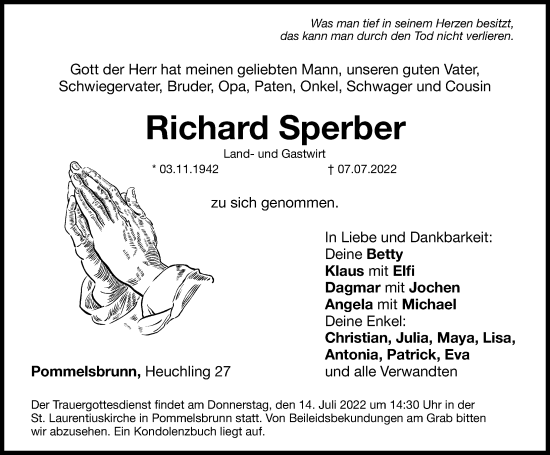 Traueranzeige von Richard Sperber von Hersbrucker Zeitung Lokal