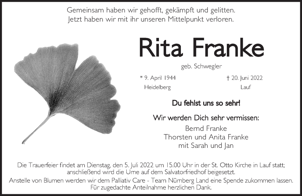  Traueranzeige für Rita Franke vom 02.07.2022 aus Pegnitz-Zeitung