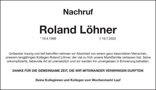 Traueranzeige von Roland Löhner von Pegnitz-Zeitung