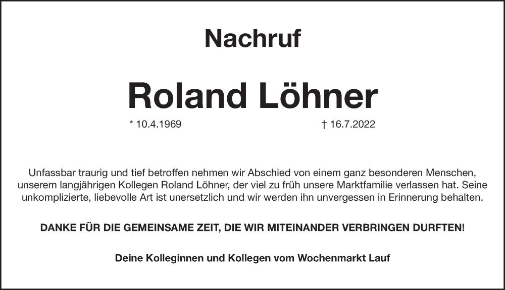  Traueranzeige für Roland Löhner vom 30.07.2022 aus Pegnitz-Zeitung