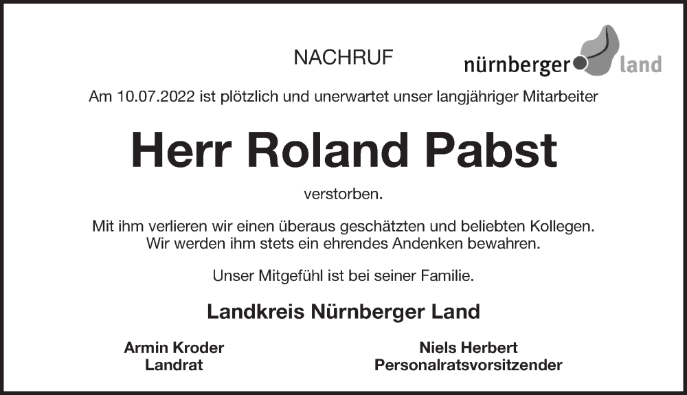  Traueranzeige für Roland Pabst vom 20.07.2022 aus Pegnitz-Zeitung