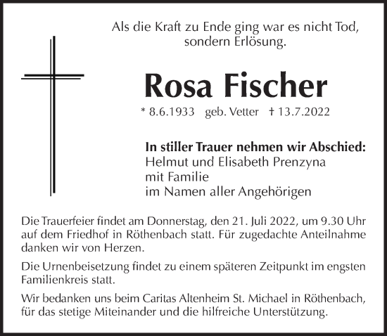 Traueranzeige von Rosa Fischer von Pegnitz-Zeitung