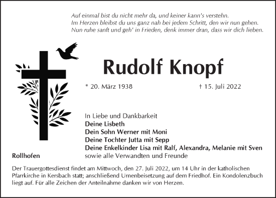 Traueranzeige von Rudolf Knopf von Pegnitz-Zeitung