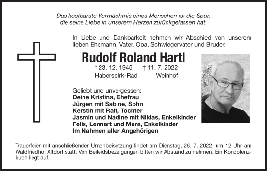 Traueranzeige von Rudolf Roland Hartl von Der Bote