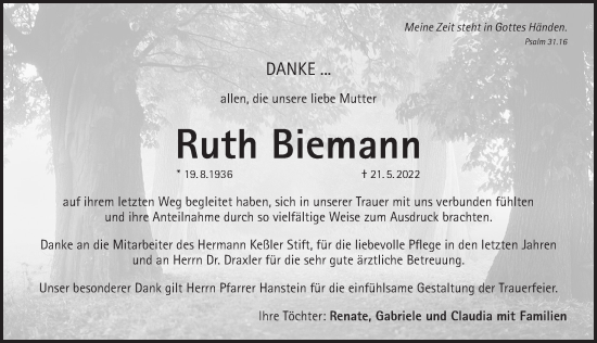 Traueranzeige von Ruth Biemann von Pegnitz-Zeitung