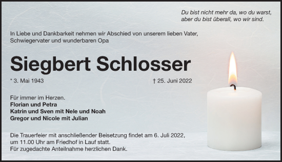 Traueranzeige von Siegbert Schlosser von Pegnitz-Zeitung