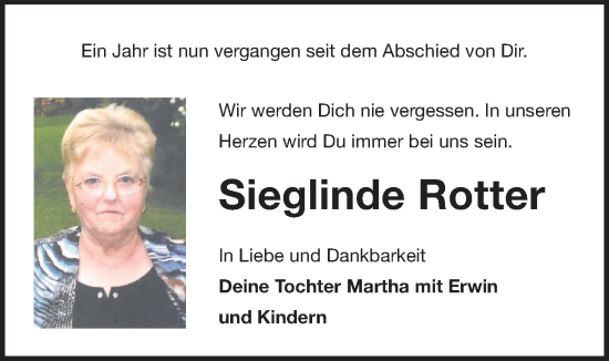 Traueranzeige von Sieglinde Rotter von Der Bote