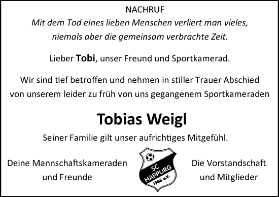Traueranzeige von Tobias Weigl von Hersbrucker Zeitung Lokal