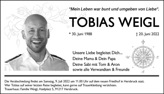 Traueranzeige von Tobias Weigl von Hersbrucker Zeitung Lokal