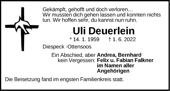 Traueranzeige von Uli Deuerlein von Pegnitz-Zeitung