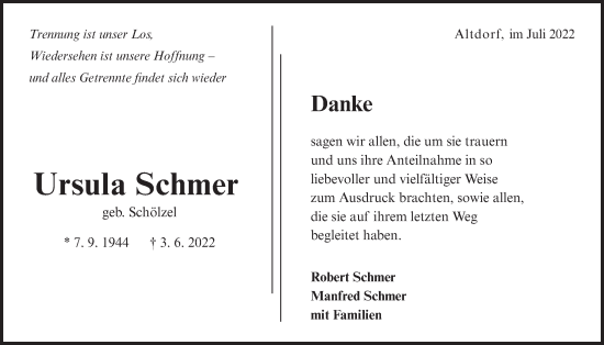 Traueranzeige von Ursula Schmer von Der Bote