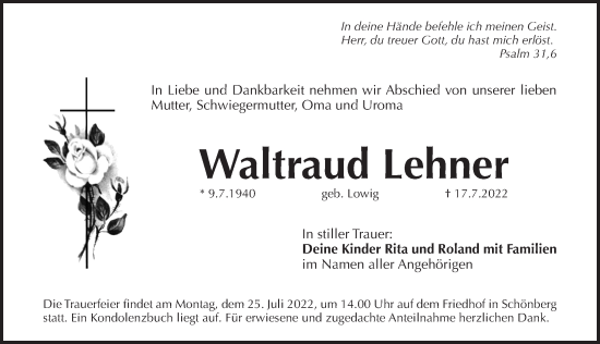 Traueranzeige von Waltraud Lehner von Pegnitz-Zeitung