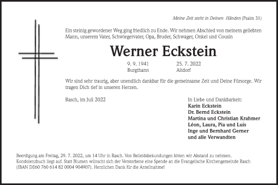 Traueranzeige von Werner Eckstein von Der Bote