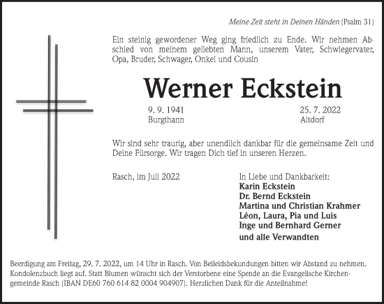 Traueranzeige von Werner Eckstein von Pegnitz-Zeitung