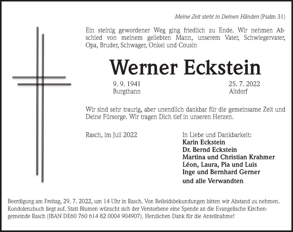  Traueranzeige für Werner Eckstein vom 27.07.2022 aus Pegnitz-Zeitung