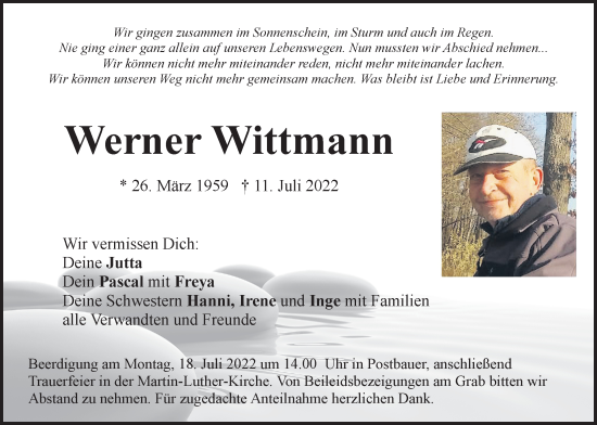 Traueranzeige von Werner Wittmann von Der Bote