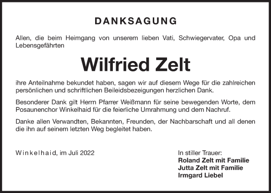 Traueranzeige von Wilfried Zelt von Der Bote
