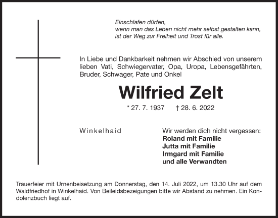 Traueranzeige von Wilfried Zelt von Der Bote