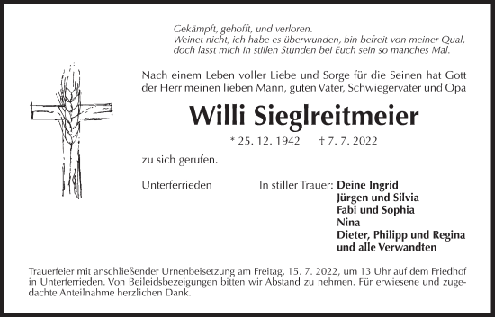Traueranzeige von Willi Sieglreitmeier von Der Bote