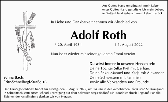 Traueranzeige von Adolf Roth von Pegnitz-Zeitung