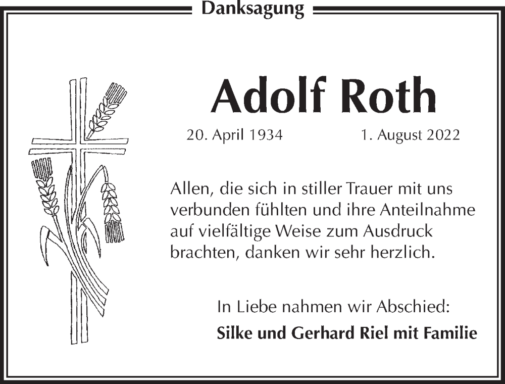  Traueranzeige für Adolf Roth vom 13.08.2022 aus Pegnitz-Zeitung