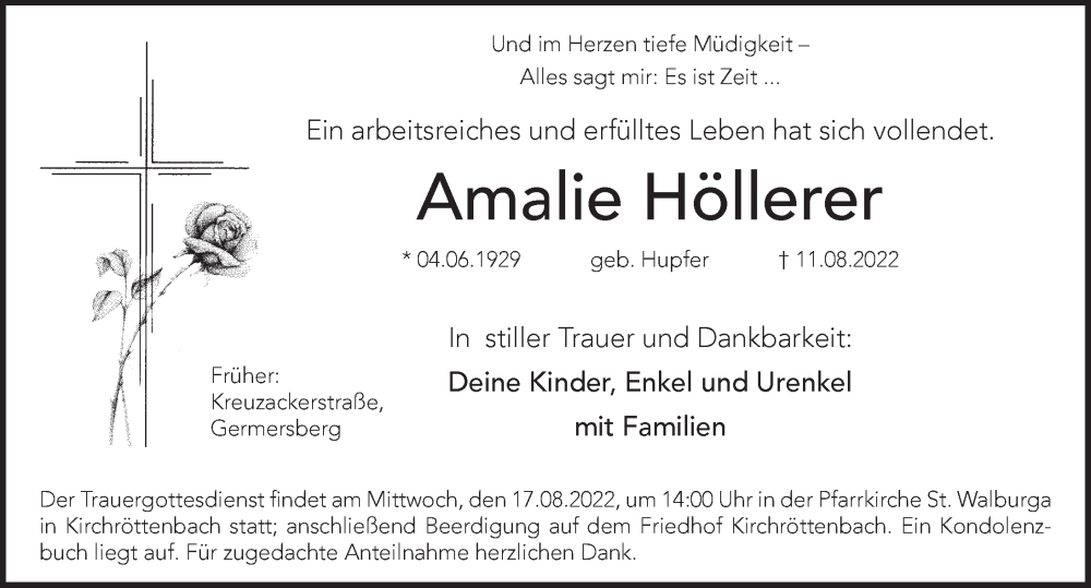 Traueranzeige für Amalie Höllerer vom 13.08.2022 aus Pegnitz-Zeitung