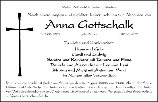 Traueranzeige von Anna Gottschalk von Hersbrucker Zeitung Lokal